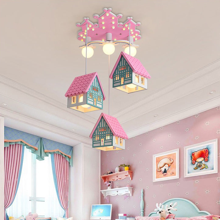 Lumendat Contemporary Creative Kids Wood House 6-Light Chandeliers For Bedroom Lumendat