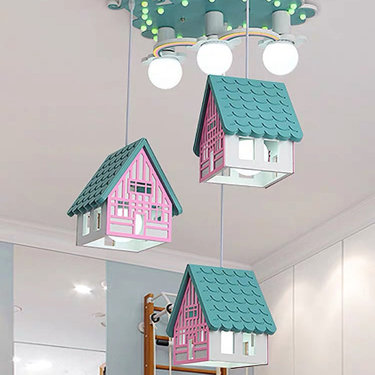 Lumendat Contemporary Creative Kids Wood House 6-Light Chandeliers For Bedroom Lumendat