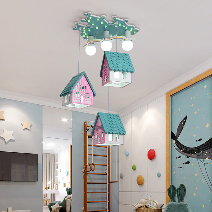 Lumendat Contemporary Creative Kids Wood House 6-Light Chandeliers For Bedroom Lumendat