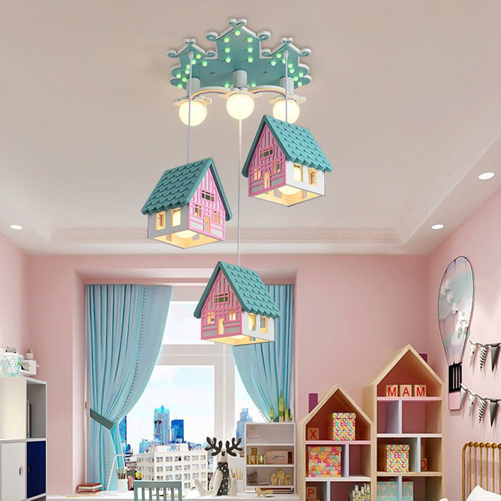 Lumendat Contemporary Creative Kids Wood House 6-Light Chandeliers For Bedroom Lumendat
