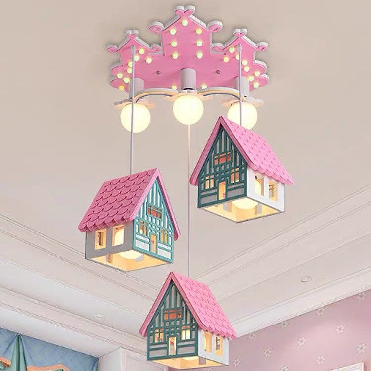 Lumendat Contemporary Creative Kids Wood House 6-Light Chandeliers For Bedroom Lumendat