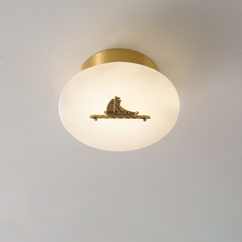 Traditional Chinese Round Brass Marble Lucky Cloud Bird Leaf Tree Flower LED Semi-Flush Mount Ceiling Light For Hallway