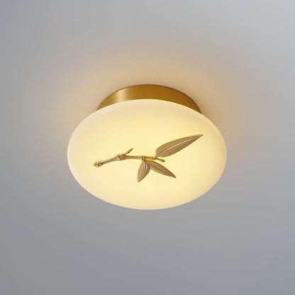 Traditional Chinese Round Brass Marble Lucky Cloud Bird Leaf Tree Flower LED Semi-Flush Mount Ceiling Light For Hallway