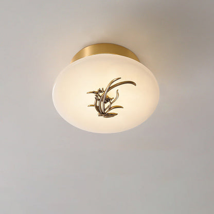 Traditional Chinese Round Brass Marble Lucky Cloud Bird Leaf Tree Flower LED Semi-Flush Mount Ceiling Light For Hallway
