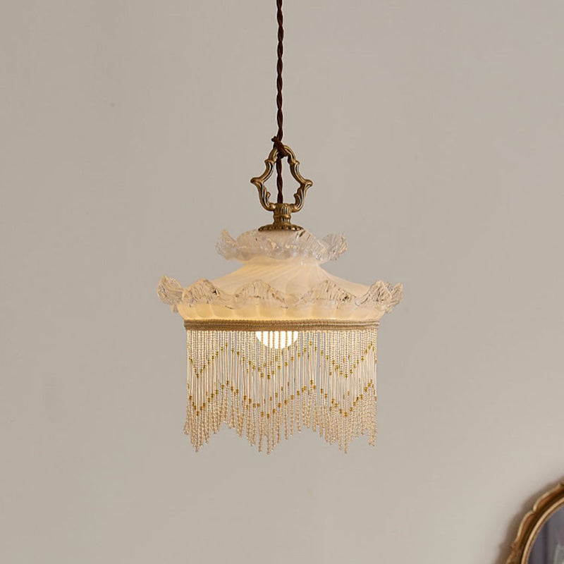 Traditional French Copper Glass Crown Tassel 1-Light Pendant Light For Dining Room
