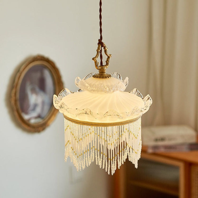 Traditional French Copper Glass Crown Tassel 1-Light Pendant Light For Dining Room