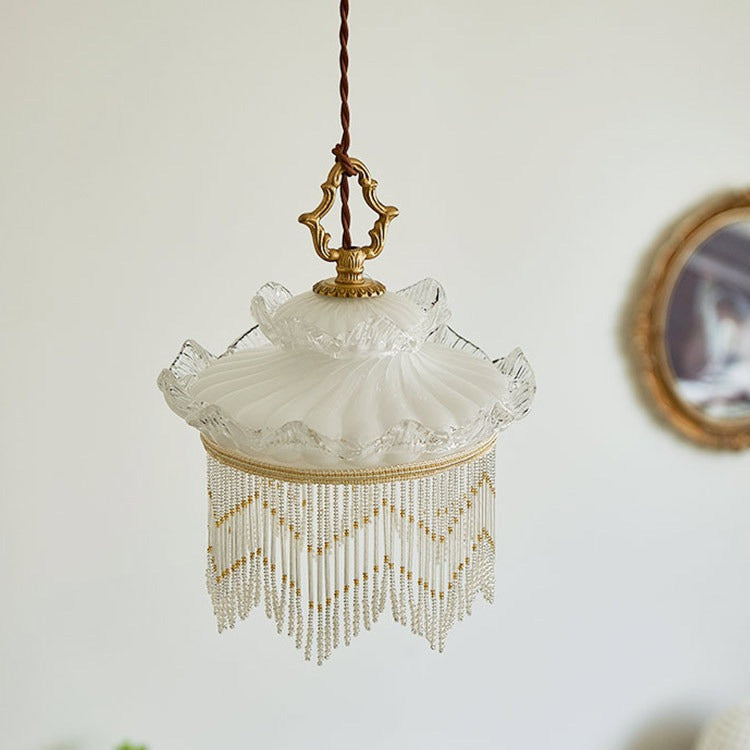 Traditional French Copper Glass Crown Tassel 1-Light Pendant Light For Dining Room