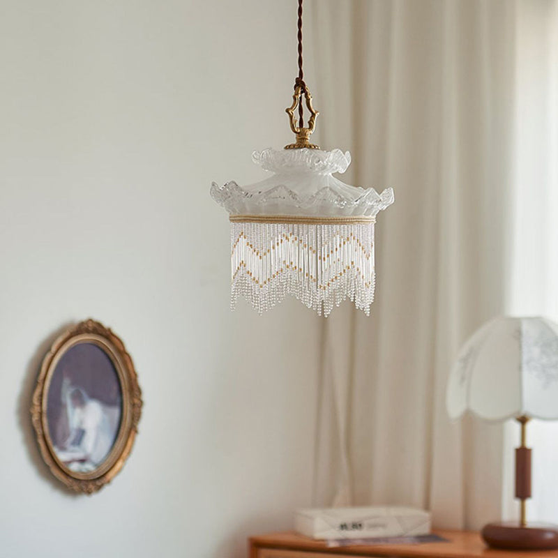 Traditional French Copper Glass Crown Tassel 1-Light Pendant Light For Dining Room