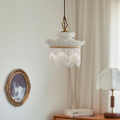 Traditional French Copper Glass Crown Tassel 1-Light Pendant Light For Dining Room