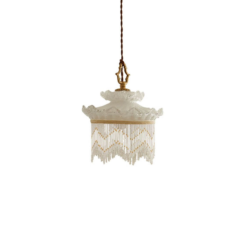 Traditional French Copper Glass Crown Tassel 1-Light Pendant Light For Dining Room