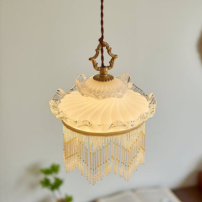Traditional French Copper Glass Crown Tassel 1-Light Pendant Light For Dining Room