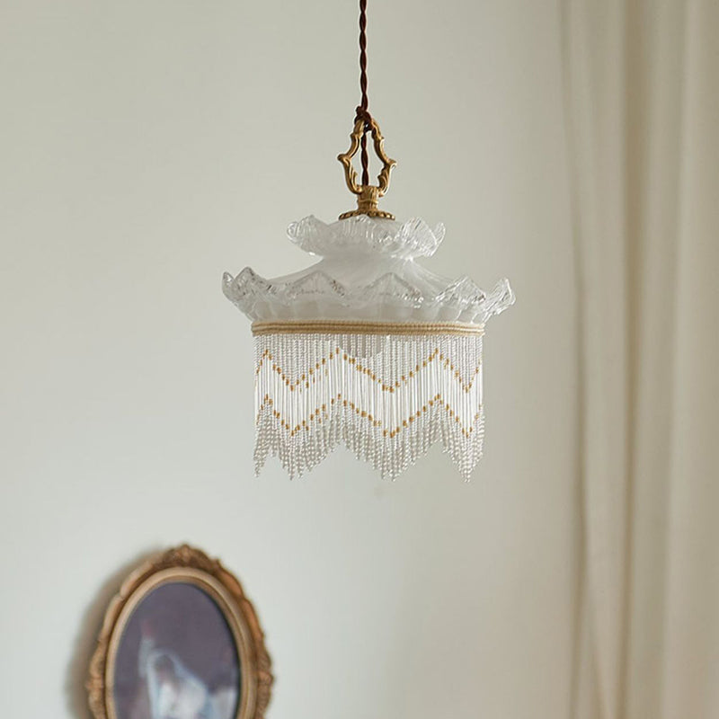 Traditional French Copper Glass Crown Tassel 1-Light Pendant Light For Dining Room