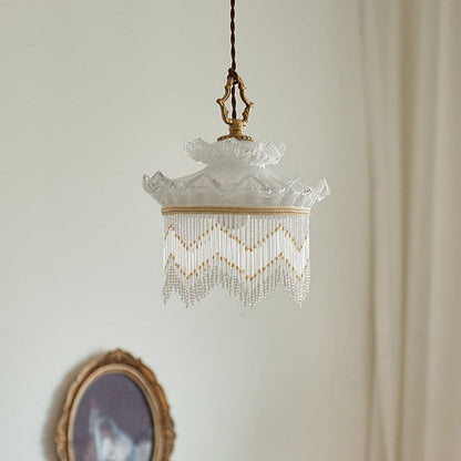 Traditional French Copper Glass Crown Tassel 1-Light Pendant Light For Dining Room