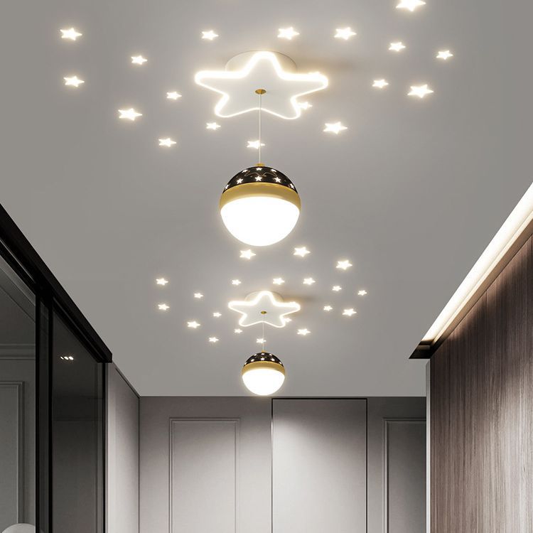 Contemporary Nordic Iron Acrylic Moon Star Ball Starry Sky Projection LED Semi-flush Mount Ceiling Light for Hallway