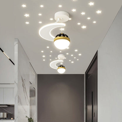 Contemporary Nordic Iron Acrylic Moon Star Ball Starry Sky Projection LED Semi-flush Mount Ceiling Light for Hallway
