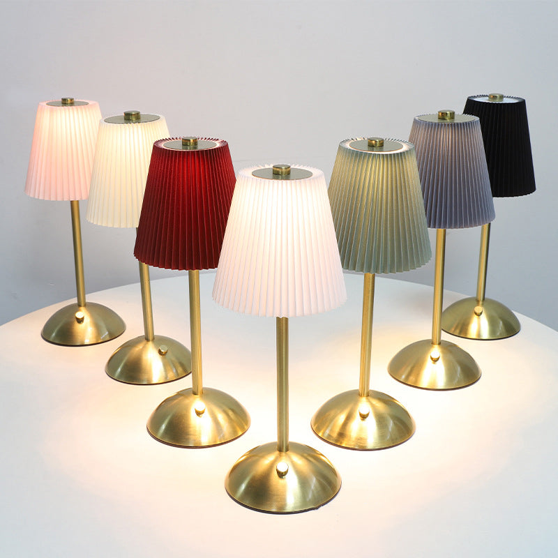 Contemporary Scandinavian Rechargeable Fabric Iron Pleated Cylinder LED Table Lamp For Bedside Lumendat