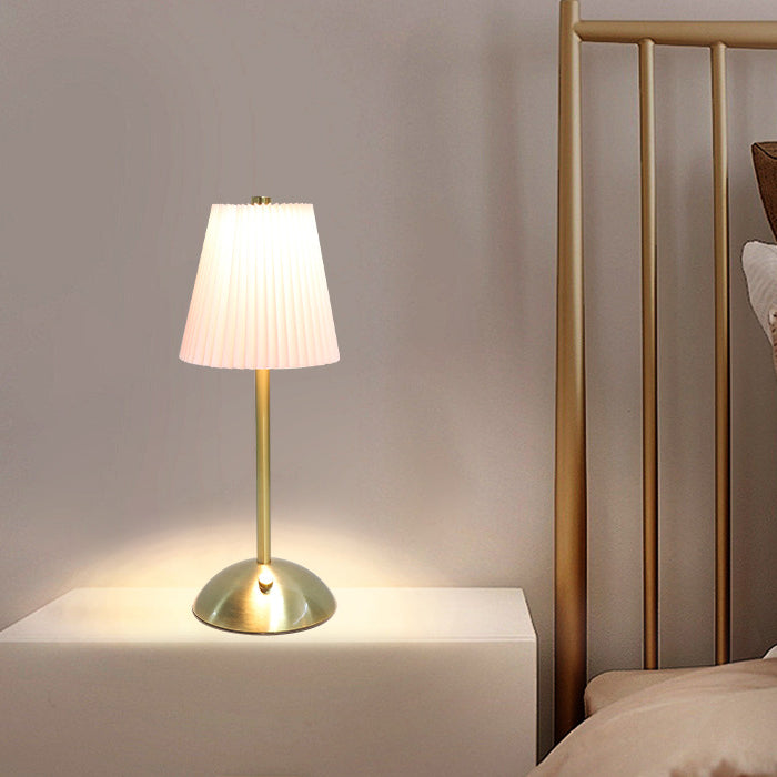 Contemporary Scandinavian Rechargeable Fabric Iron Pleated Cylinder LED Table Lamp For Bedside Lumendat