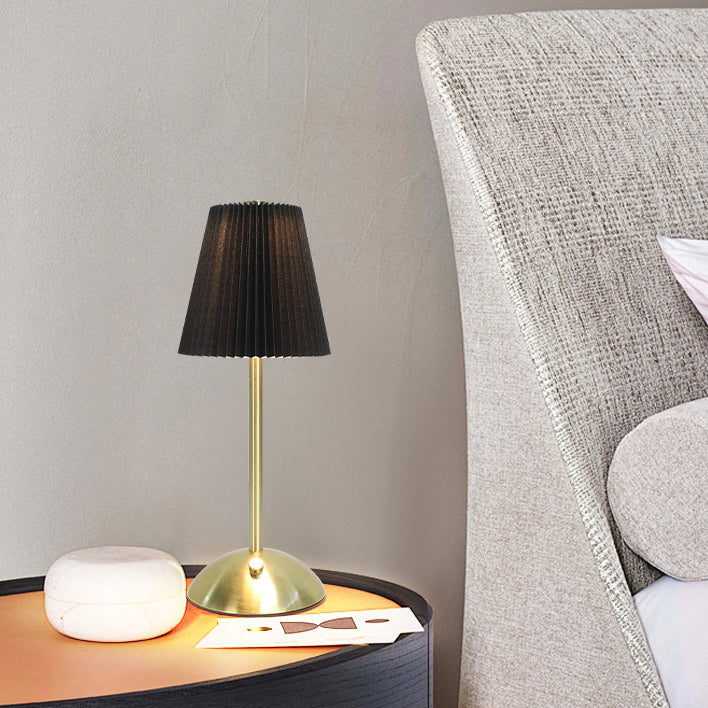 Contemporary Scandinavian Rechargeable Fabric Iron Pleated Cylinder LED Table Lamp For Bedside Lumendat