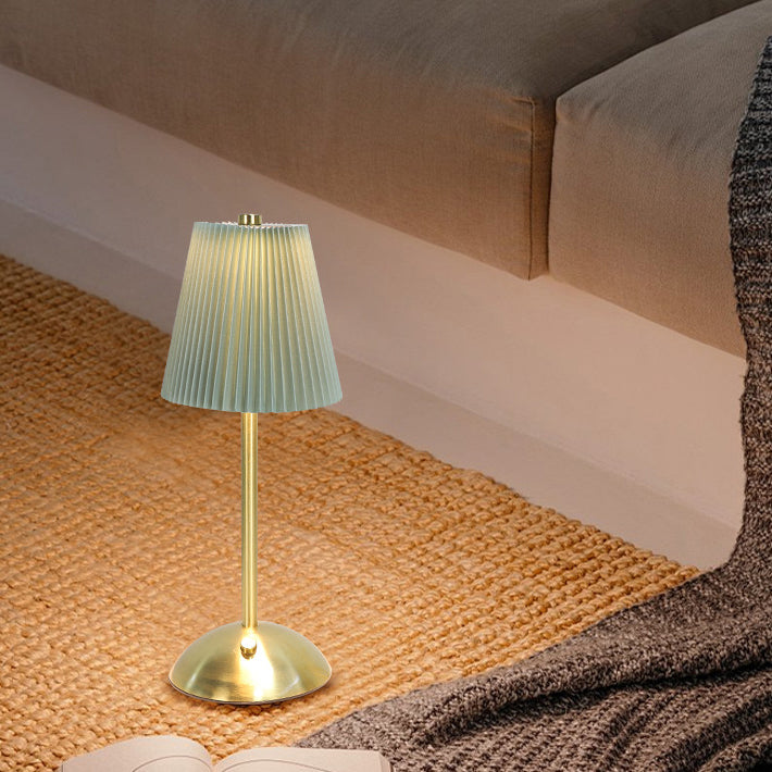 Contemporary Scandinavian Rechargeable Fabric Iron Pleated Cylinder LED Table Lamp For Bedside Lumendat