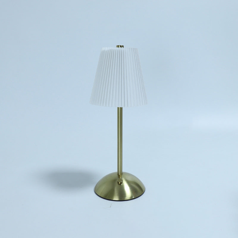 Contemporary Scandinavian Rechargeable Fabric Iron Pleated Cylinder LED Table Lamp For Bedside Lumendat
