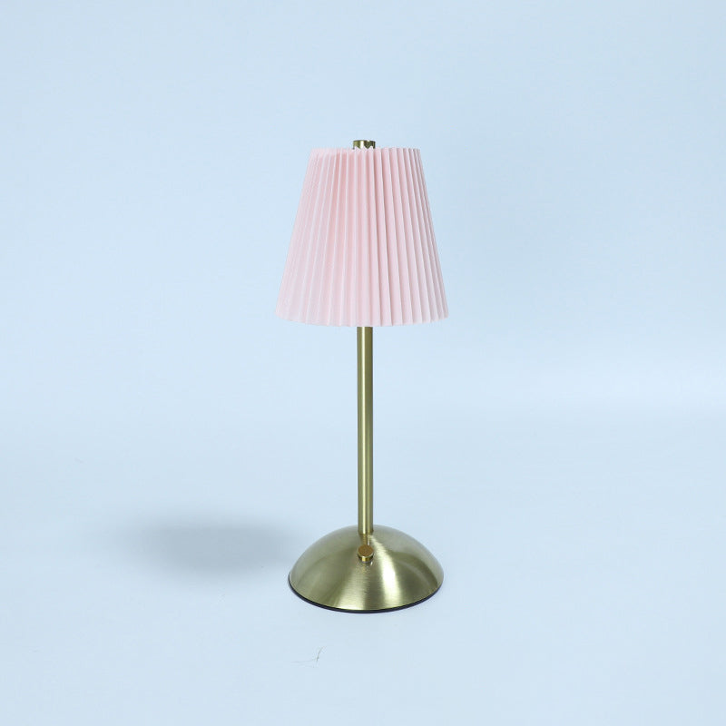 Contemporary Scandinavian Rechargeable Fabric Iron Pleated Cylinder LED Table Lamp For Bedside Lumendat