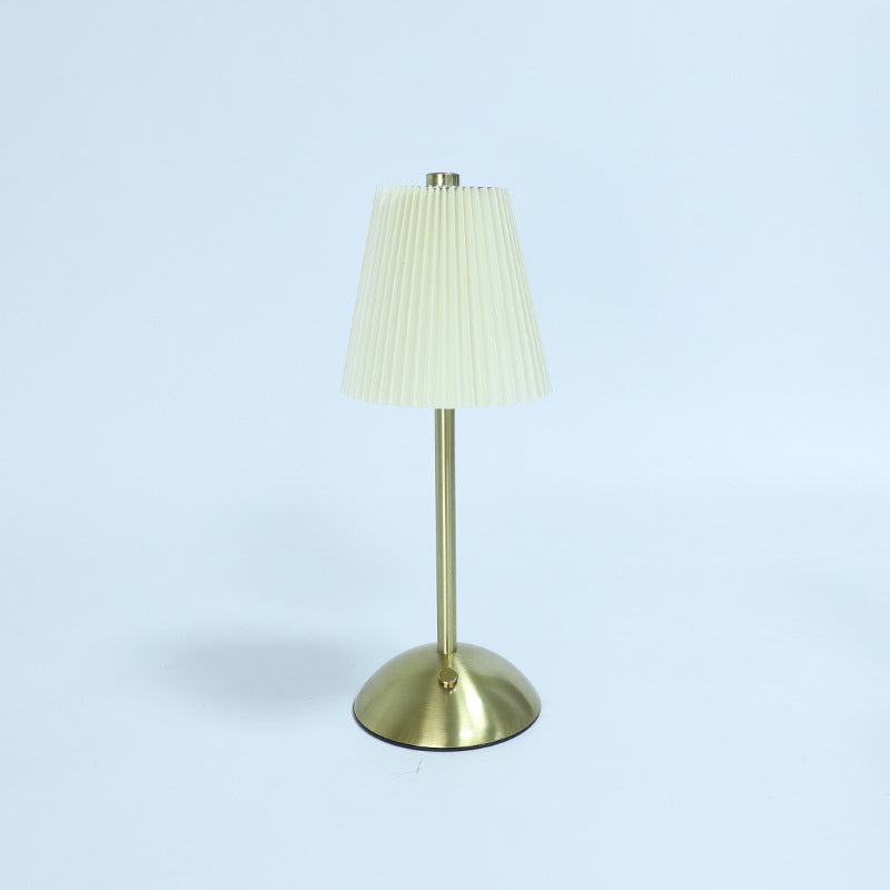 Contemporary Scandinavian Rechargeable Fabric Iron Pleated Cylinder LED Table Lamp For Bedside Lumendat