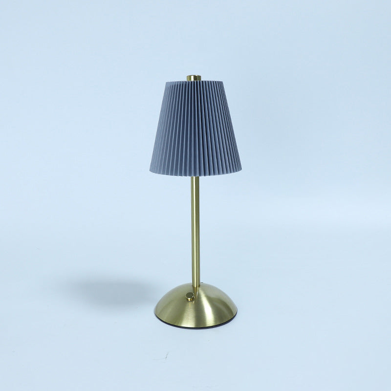 Contemporary Scandinavian Rechargeable Fabric Iron Pleated Cylinder LED Table Lamp For Bedside Lumendat