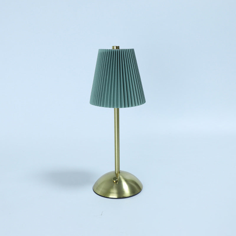 Contemporary Scandinavian Rechargeable Fabric Iron Pleated Cylinder LED Table Lamp For Bedside Lumendat