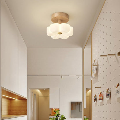 Contemporary Nordic Rubber Wood Pe Flower Branch LED Semi-flush Mount Ceiling Light for Hallway