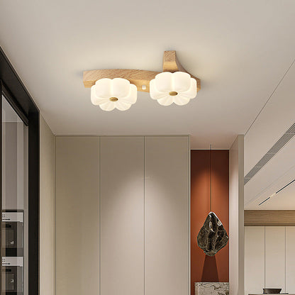 Contemporary Nordic Rubber Wood Pe Flower Branch LED Semi-flush Mount Ceiling Light for Hallway