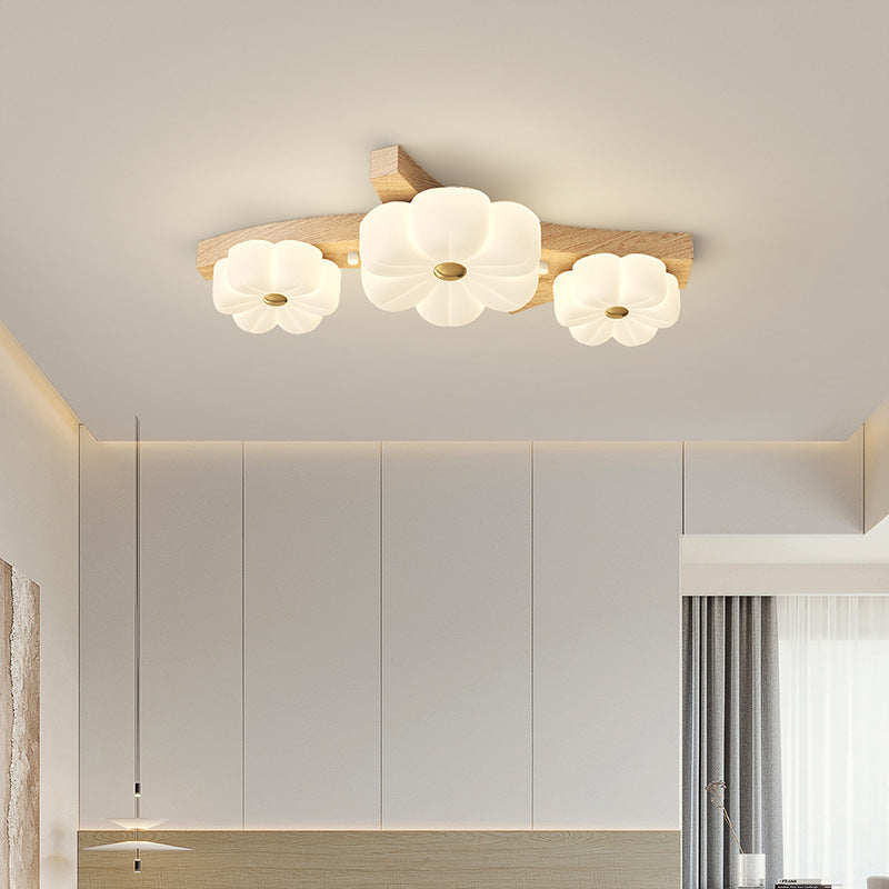 Contemporary Nordic Rubber Wood Pe Flower Branch LED Semi-flush Mount Ceiling Light for Hallway