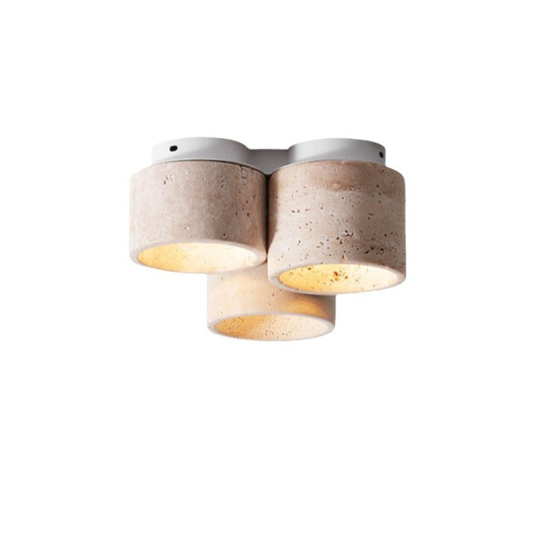 Traditional Japanese Travertine Iron Cylinder 3-light Semi-flush Mount Ceiling Light for Hallway