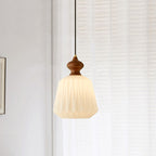 Contemporary Retro Walnut Brass Glass Origami Texture Lantern 1-Light Pendant Light For Dining Room