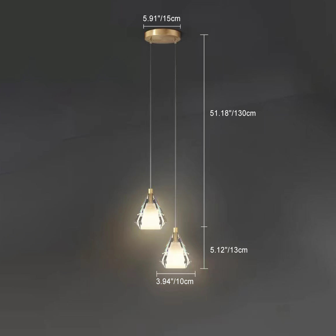 Modern Luxury Brass Crystal Triangle Diamond 1/2/3 Light Pendant Light For Bedside
