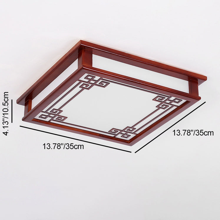 Traditional Chinese Pine Solid Wood Diffusion Plate Knot Square Rectangular LED Flush Mount Ceiling Light for Bedroom