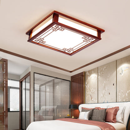 Traditional Chinese Pine Solid Wood Diffusion Plate Knot Square Rectangular LED Flush Mount Ceiling Light for Bedroom