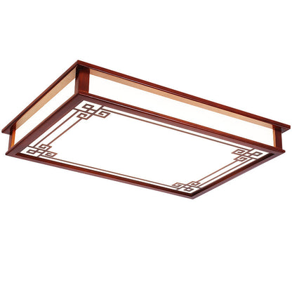Traditional Chinese Pine Solid Wood Diffusion Plate Knot Square Rectangular LED Flush Mount Ceiling Light for Bedroom
