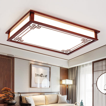 Traditional Chinese Pine Solid Wood Diffusion Plate Knot Square Rectangular LED Flush Mount Ceiling Light for Bedroom