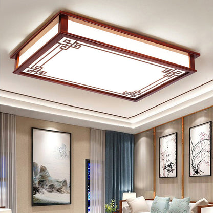 Traditional Chinese Pine Solid Wood Diffusion Plate Knot Square Rectangular LED Flush Mount Ceiling Light for Bedroom