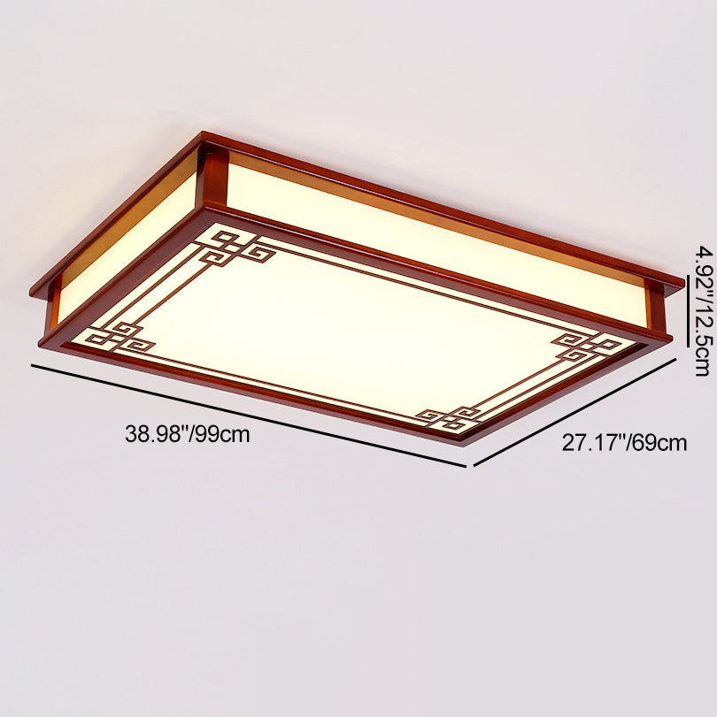 Traditional Chinese Pine Solid Wood Diffusion Plate Knot Square Rectangular LED Flush Mount Ceiling Light for Bedroom