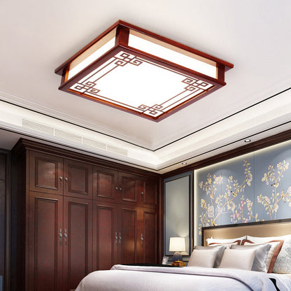Traditional Chinese Pine Solid Wood Diffusion Plate Knot Square Rectangular LED Flush Mount Ceiling Light for Bedroom