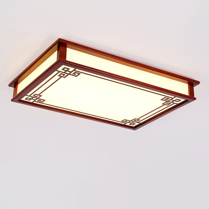 Traditional Chinese Pine Solid Wood Diffusion Plate Knot Square Rectangular LED Flush Mount Ceiling Light for Bedroom