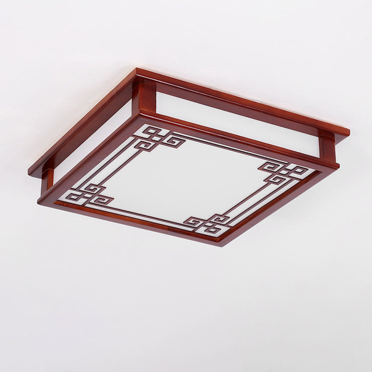 Traditional Chinese Pine Solid Wood Diffusion Plate Knot Square Rectangular LED Flush Mount Ceiling Light for Bedroom