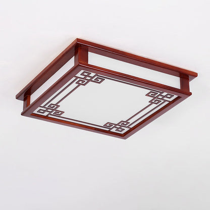 Traditional Chinese Pine Solid Wood Diffusion Plate Knot Square Rectangular LED Flush Mount Ceiling Light for Bedroom