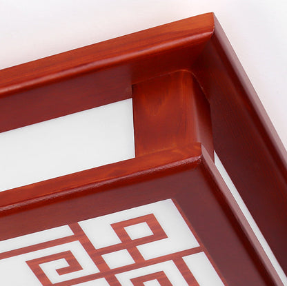 Traditional Chinese Pine Solid Wood Diffusion Plate Knot Square Rectangular LED Flush Mount Ceiling Light for Bedroom