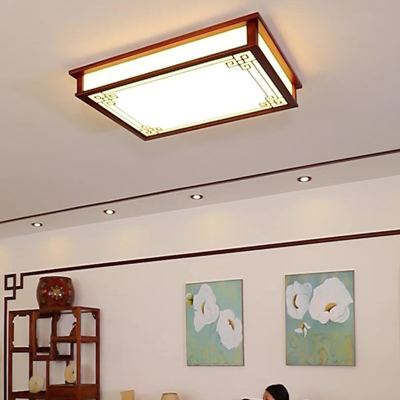 Traditional Chinese Pine Solid Wood Diffusion Plate Knot Square Rectangular LED Flush Mount Ceiling Light for Bedroom