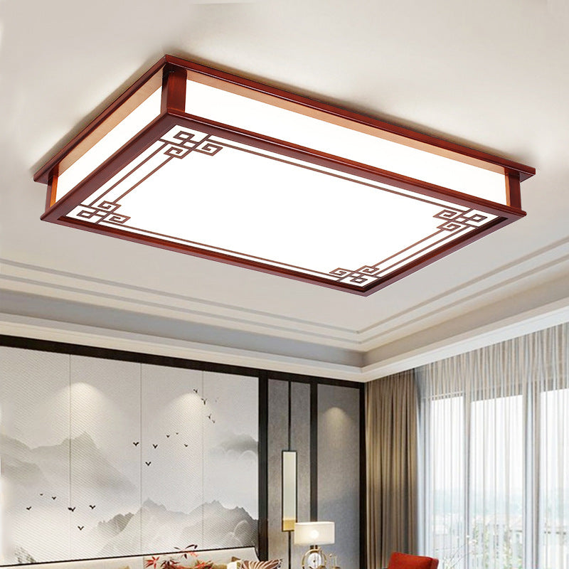 Traditional Chinese Pine Solid Wood Diffusion Plate Knot Square Rectangular LED Flush Mount Ceiling Light for Bedroom
