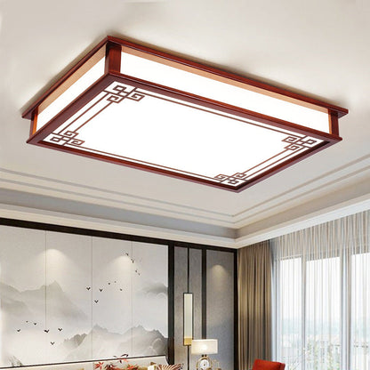 Traditional Chinese Pine Solid Wood Diffusion Plate Knot Square Rectangular LED Flush Mount Ceiling Light for Bedroom