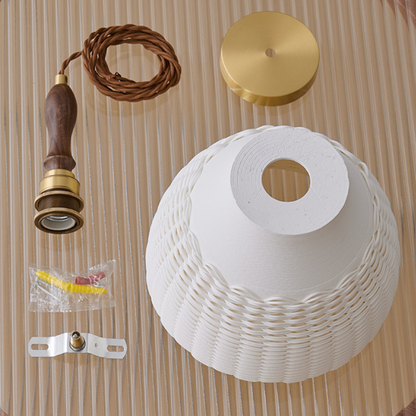Traditional Japanese Ceramic Brass Walnut Cylinder Conic Texture 1-Light Pendant Light For Dining Room