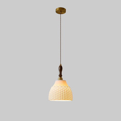 Traditional Japanese Ceramic Brass Walnut Cylinder Conic Texture 1-Light Pendant Light For Dining Room